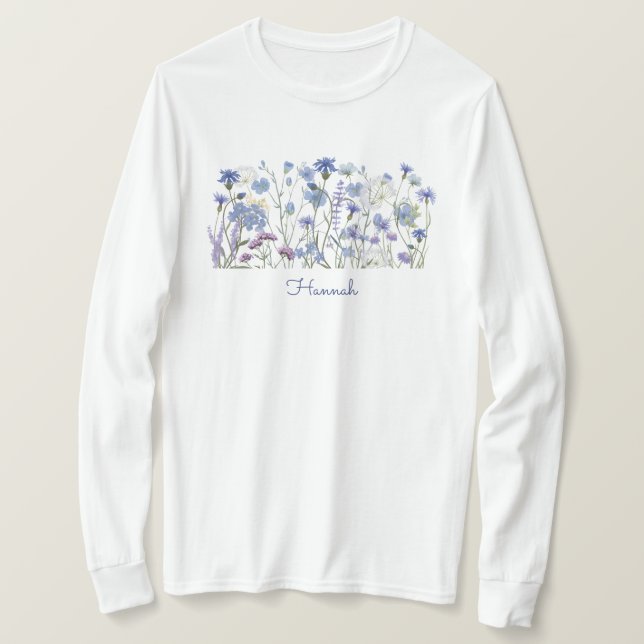 Camiseta Monogramo Blue Watercolor Wildflower Meadow (Anverso del diseño)