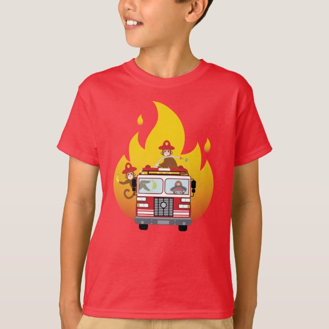 Camiseta Monos bomberos en camión de bomberos (Anverso)