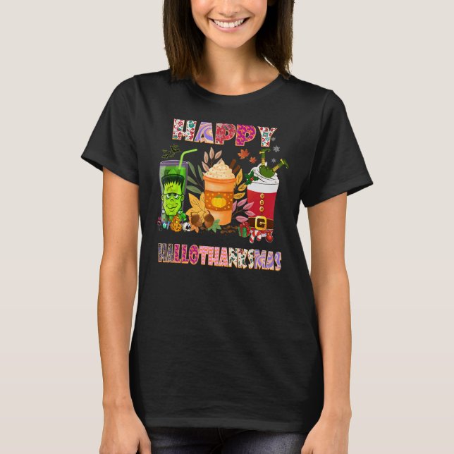 Camiseta Monster Pumpkin Santa Coffee Happy Hallothanksmas (Anverso)