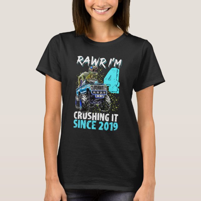 Camiseta Monster Truck Dinosaur Birthday Rawr Tengo 4 Crush (Anverso)