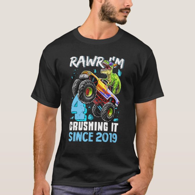 Camiseta Monster Truck Dinosaur Birthday Rawr Tengo 4 Crush (Anverso)