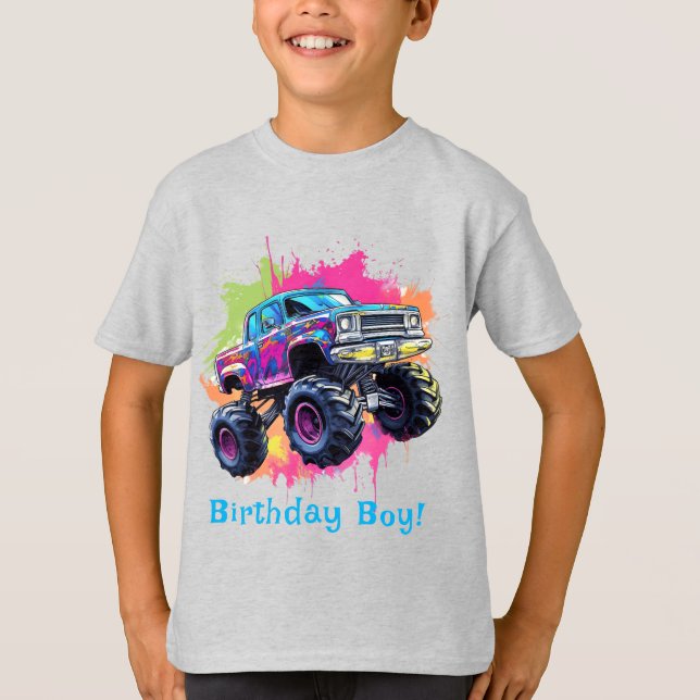 Camiseta Monster Truck Neon Boy Birthday Party (Anverso)