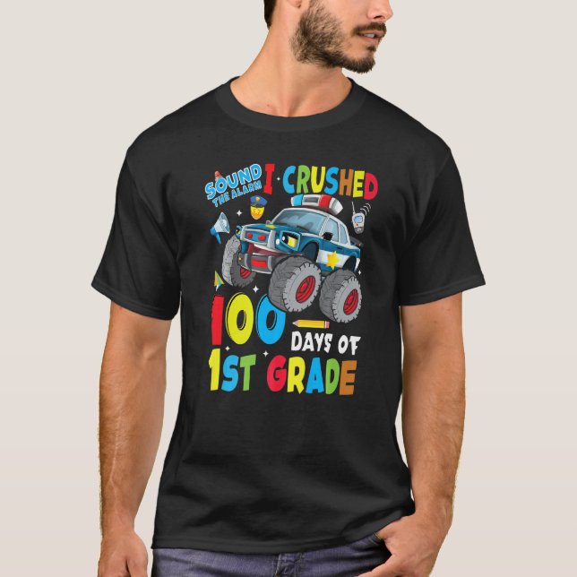 Camiseta Monster Truck Police Car 100 Days Of School 1st Gr (Anverso)