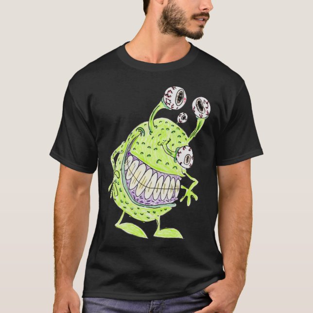 Camiseta monstruo alienígena verde de 4 ojos (Anverso)