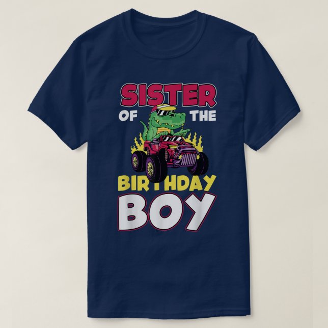 Camiseta Monstruo Camión Hermana Del Niño De Cumpleaños Din (Diseño del anverso)