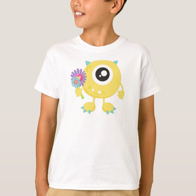 Camiseta Monstruo de primavera, monstruo amarillo, flores,  (Anverso)