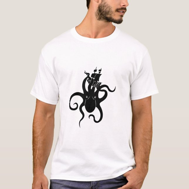 Camiseta Monstruo del Mar de Kraken blanco y negro con barc (Anverso)