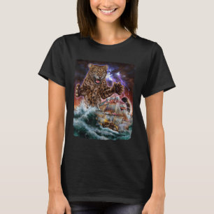 Camiseta Monstruo Gato Jaguar Mientras Kraken Ataca Un Barc