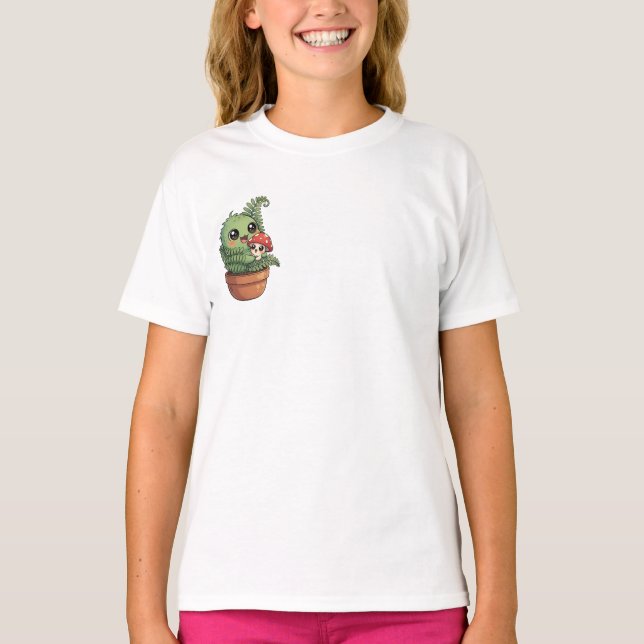 Camiseta Monstruo Kawaii de Helecho en Maceta Abraza Hongo  (Anverso)