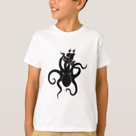 Camiseta Monstruo marino azul y kraken negro con barco