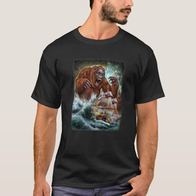 Camiseta Monstruo Orangutan Mientras Kraken Ataque Un Barco (Anverso)