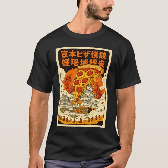 Camiseta Monstruo Retro Gigante de Pizza Ataca Castillo Him (Anverso)