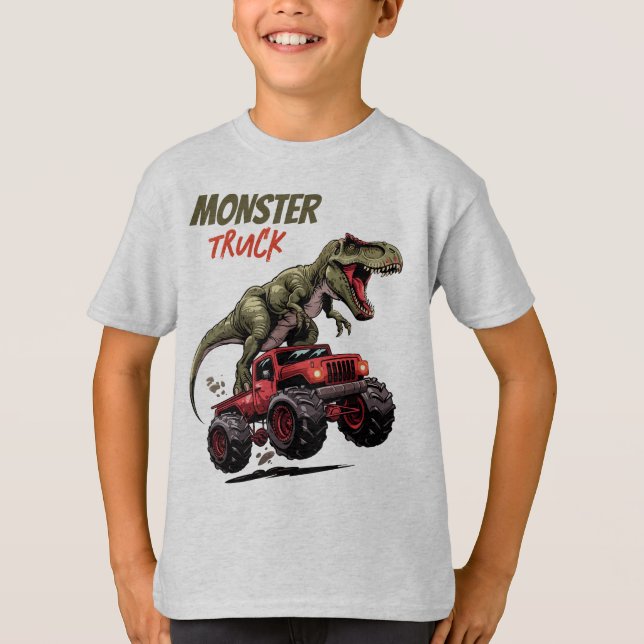 Camiseta Monstruo Rojo Verde T-Rex Niños Camioneros (Anverso)