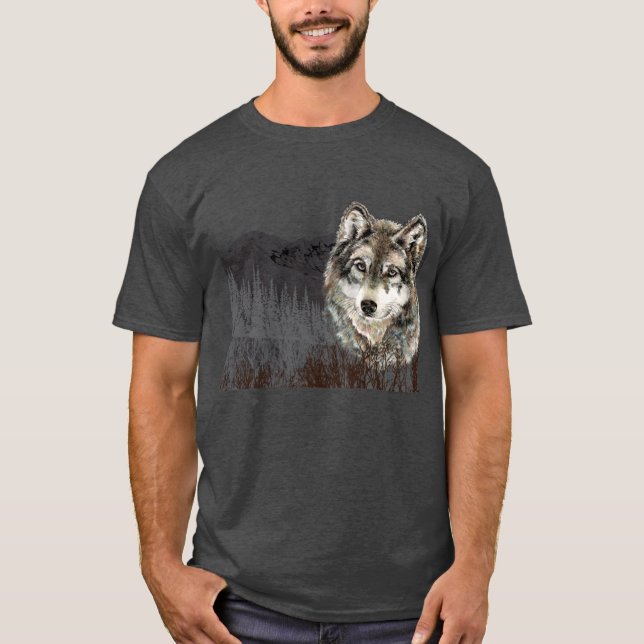 Camiseta Montaña con acuarela Lobo Salvaje animal (Anverso)