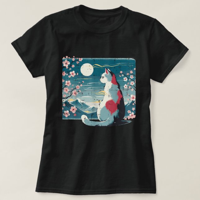Camiseta Montaña gata japonesa Sakura Cherry Blossom (Diseño del anverso)
