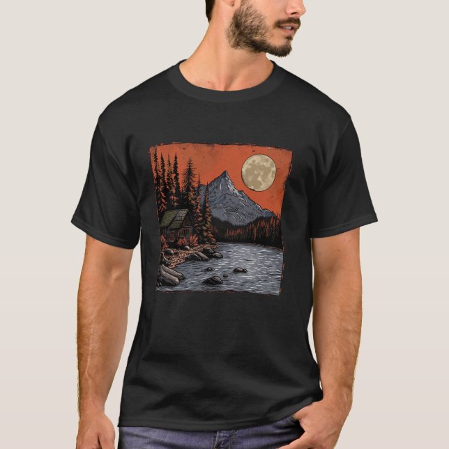 Camiseta Montaña iluminada Cabina Rústica Paisaje Natural D (Anverso)