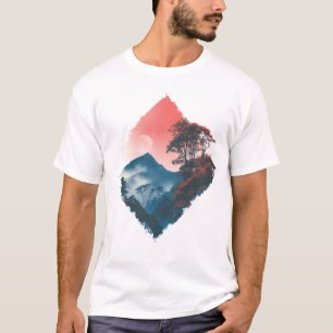 Camiseta Montaña Mística Luna Carmesí Arte Zen