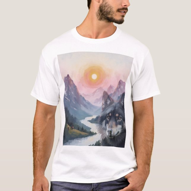 Camiseta Montañas majestuosas con ilusión de lobo (Anverso)