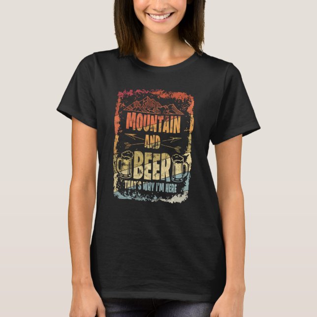 Camiseta Montañas Retro Y Cerveza Por Eso Estoy Aquí Vinta (Anverso)