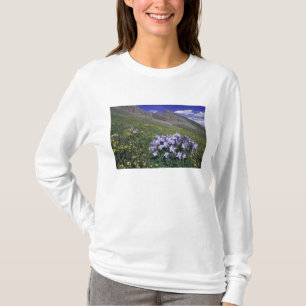Camiseta Montañas y flores silvestres en prado alpino, Azul