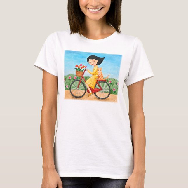 Camiseta Monte en bicicleta el chica y el gato lindos de la (Anverso)