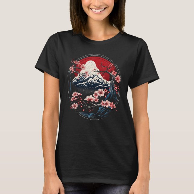 Camiseta Monte Fuji Japón Sakura Tree florece arte japonés (Anverso)