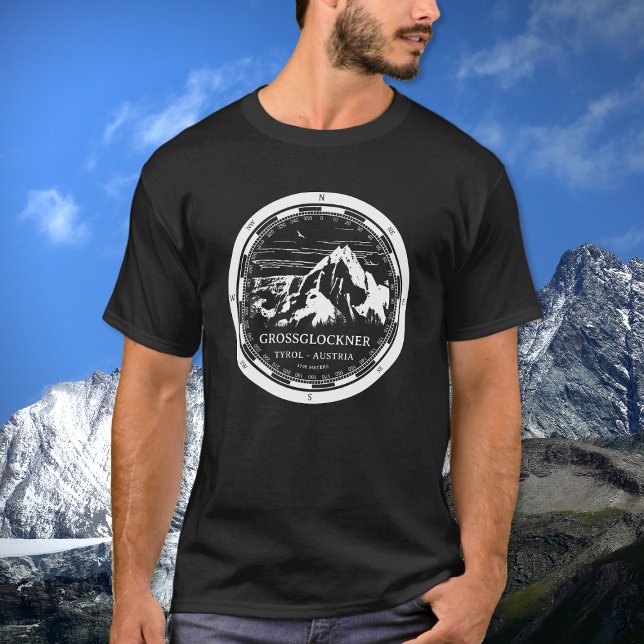 Camiseta Monte Grossglockner - Alpes de Tirol Austria (Mount Grossglockner T-Shirt in Back with a white compass and mountain illustration)