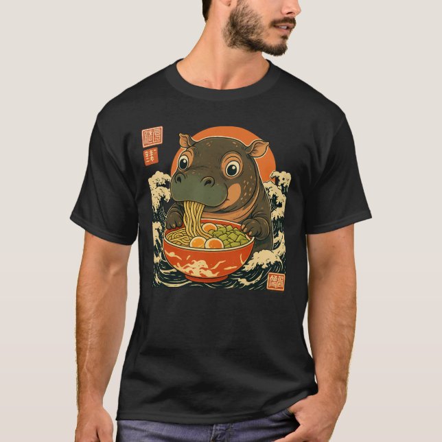 Camiseta Moo Deng hipopótamo come ramen al estilo japonés (Anverso)