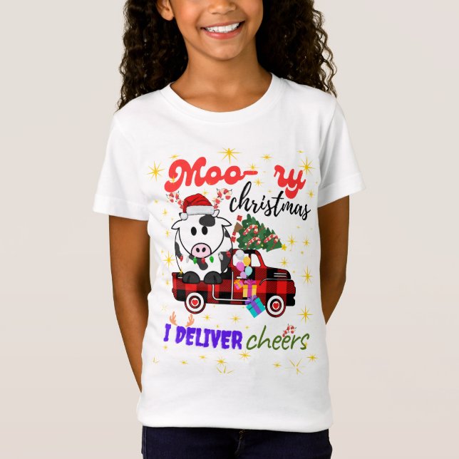 Camiseta Moo-ry Christmas Cow in Plaid Truck Holiday design (Anverso)