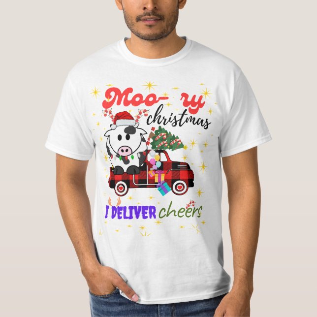 Camiseta Moo-ry Christmas Cow in Plaid Truck Holiday design (Anverso)