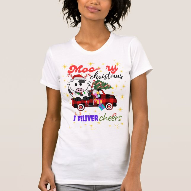Camiseta Moo-ry Christmas Cow in Plaid Truck Holiday design (Anverso)