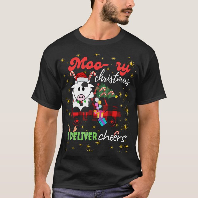 Camiseta Moo-ry Christmas Cow in Plaid Truck Holiday design (Anverso)