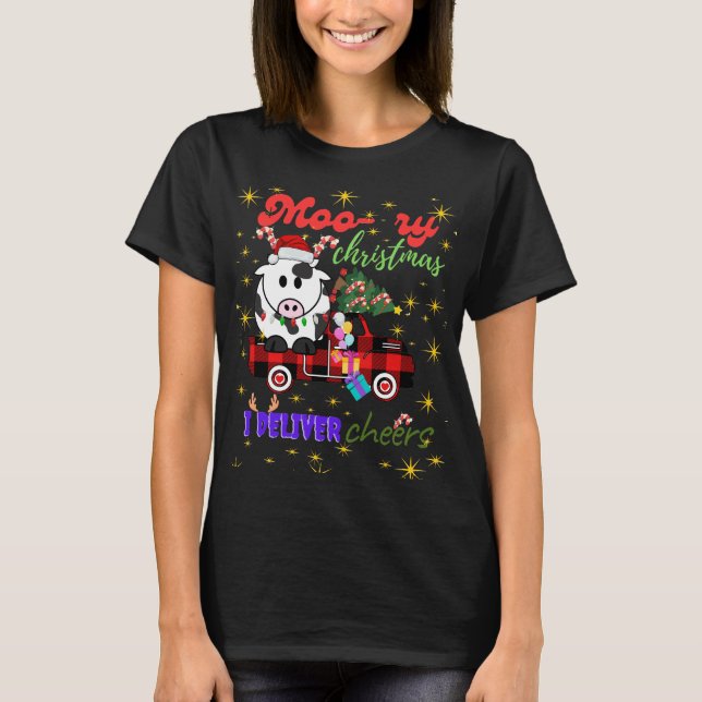 Camiseta Moo-ry Christmas Cow in Plaid Truck Holiday design (Anverso)
