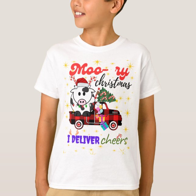 Camiseta Moo-ry Christmas Cow in Plaid Truck Holiday design (Anverso)