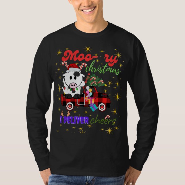 Camiseta Moo-ry Christmas Cow in Plaid Truck Holiday design (Anverso)