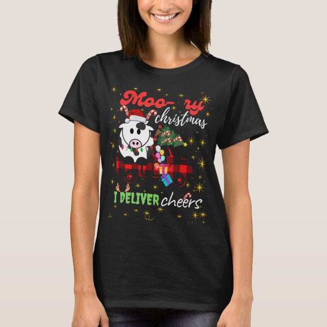 Camiseta Moo-ry Christmas Cow in Plaid Truck Holiday design (Anverso)