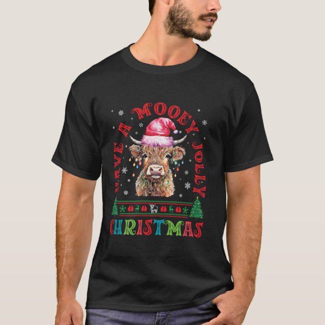 Camiseta Mooey Jolly Navidades Familia Escocesa de Vacas Al (Anverso)