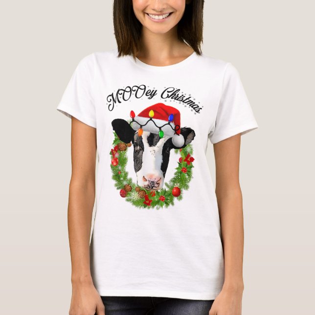 Camiseta MOOey Merry Christmas Wreath Gorras Luces Cute Cow (Anverso)