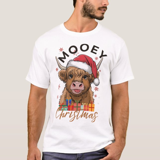 Camiseta Mooey Navidades Tshirt Highland Cow Xmas Light San (Anverso)
