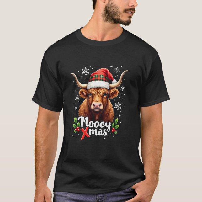 Camiseta Mooey Xmas Santa Hat Granjero Feliz Navidad Highla (Anverso)