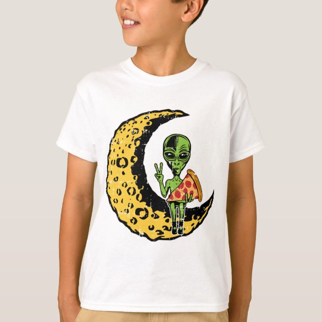 Camiseta Moon Alien comiendo Pizza Peace Costume Funny Hall (Anverso)