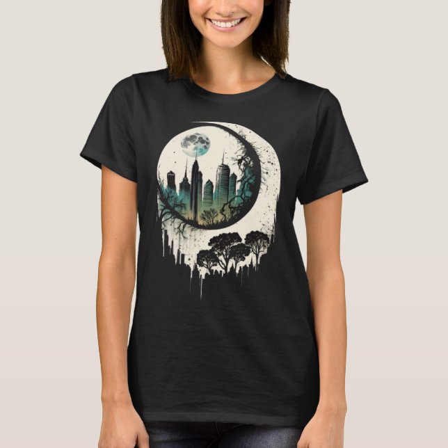 Camiseta Moon Skyline City By Night Crescent Moon Aesthetic (Anverso)