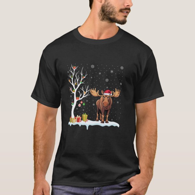 Camiseta Moose Santa Hat Navidades de luz de árbol festivo  (Anverso)