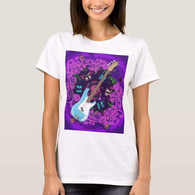 Camiseta Morado Floral Bass Guitarra Nuevo Balance de Entre (Anverso)