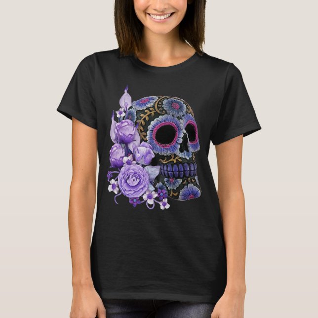 Camiseta Morado Floral Black Sugar Skull Día De Los Muertos (Anverso)