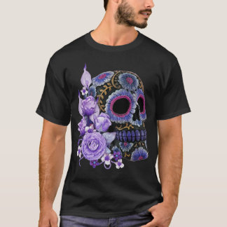 Camiseta Morado Floral Black Sugar Skull Día De Los Muertos
