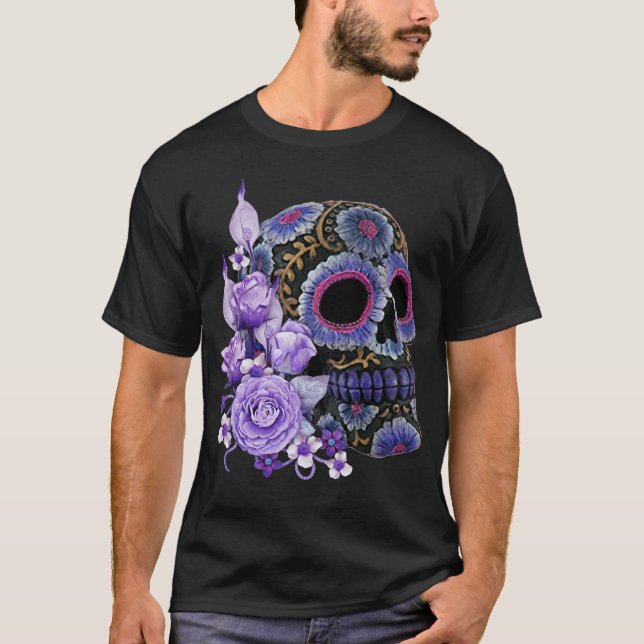 Camiseta Morado Floral Black Sugar Skull Día De Los Muertos (Anverso)