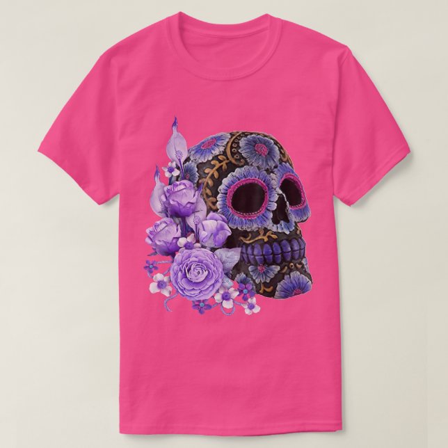 Camiseta Morado Floral Black Sugar Skull Día de los Muertos (Diseño del anverso)