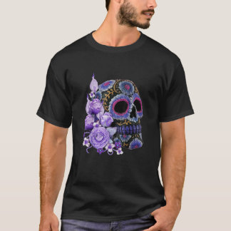 Camiseta Morado Floral Black Sugar Skull Día De Los Muertos