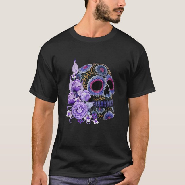 Camiseta Morado Floral Black Sugar Skull Día De Los Muertos (Anverso)